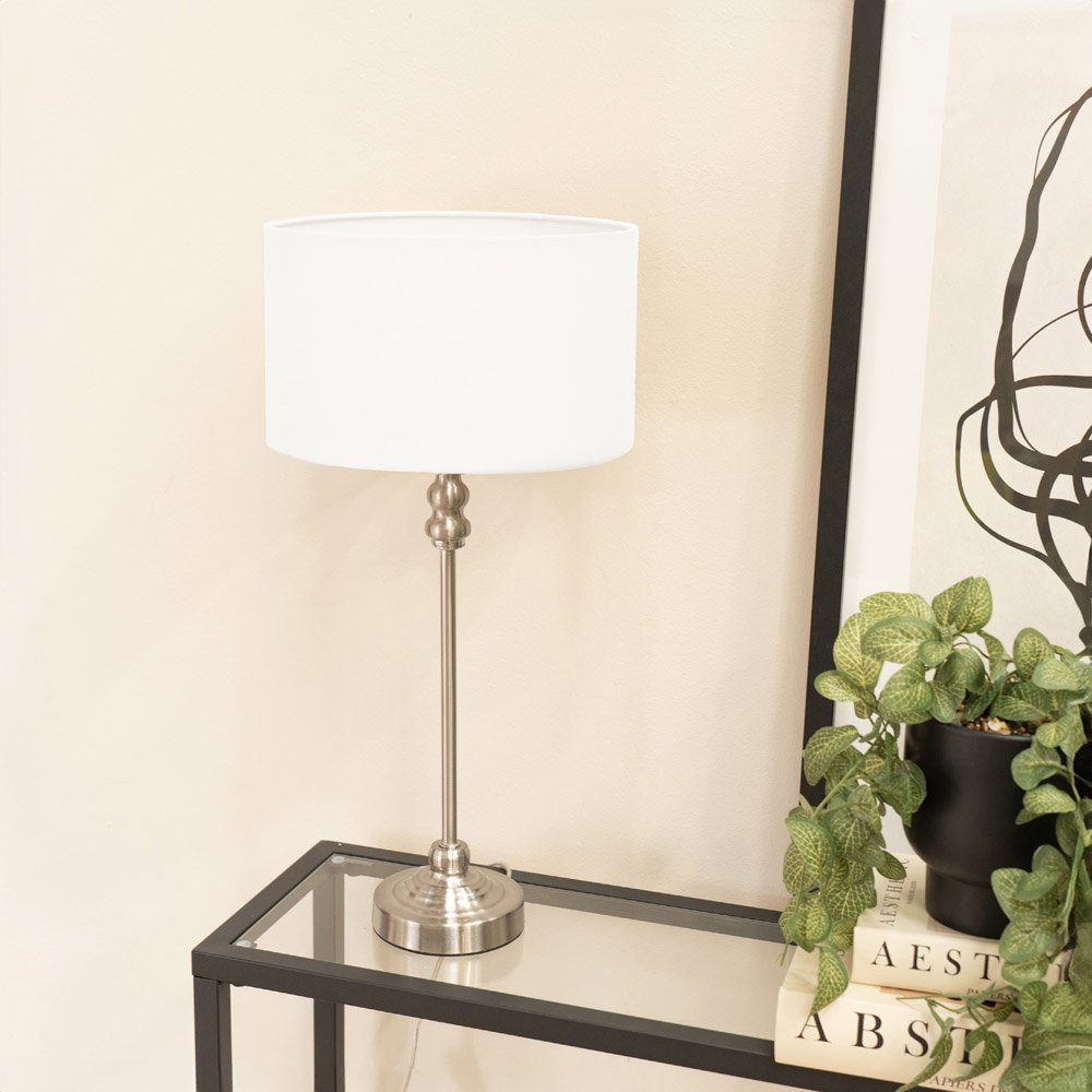 ValueLights Maggie White and Brushed Chrome Drum Shade Candlestick LED Table Lamp Image 3