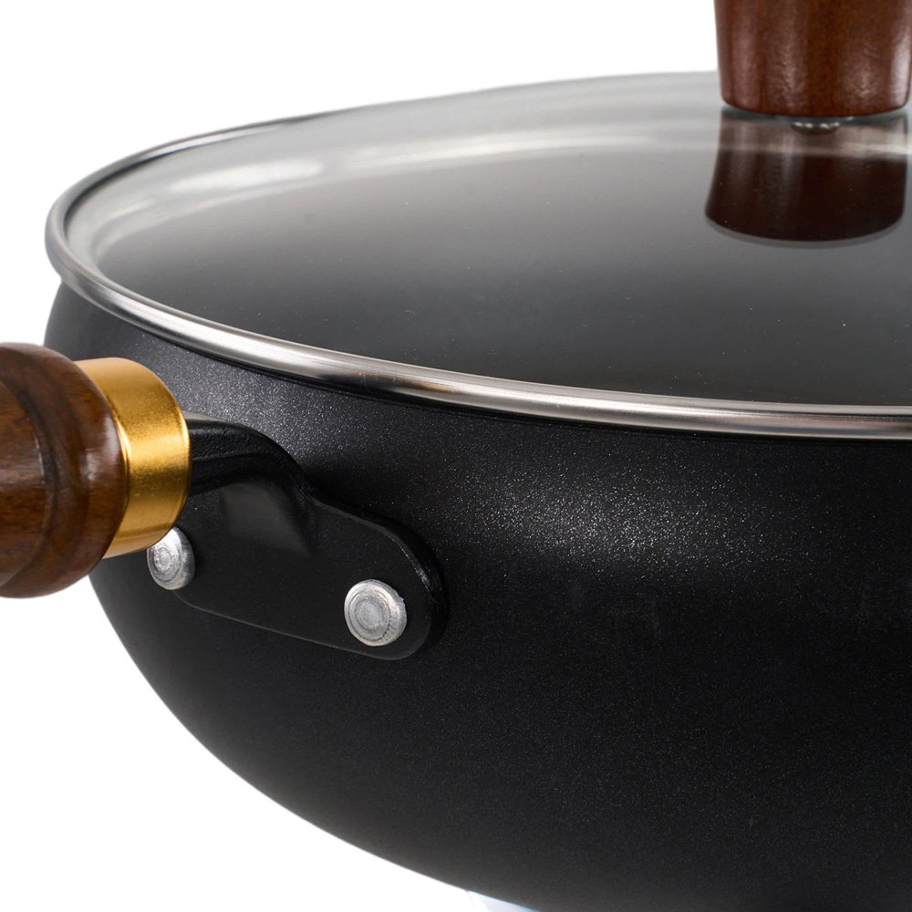 Living and Home 24cm Black Iron Deep Wok Pan with Glass Lid Image 6