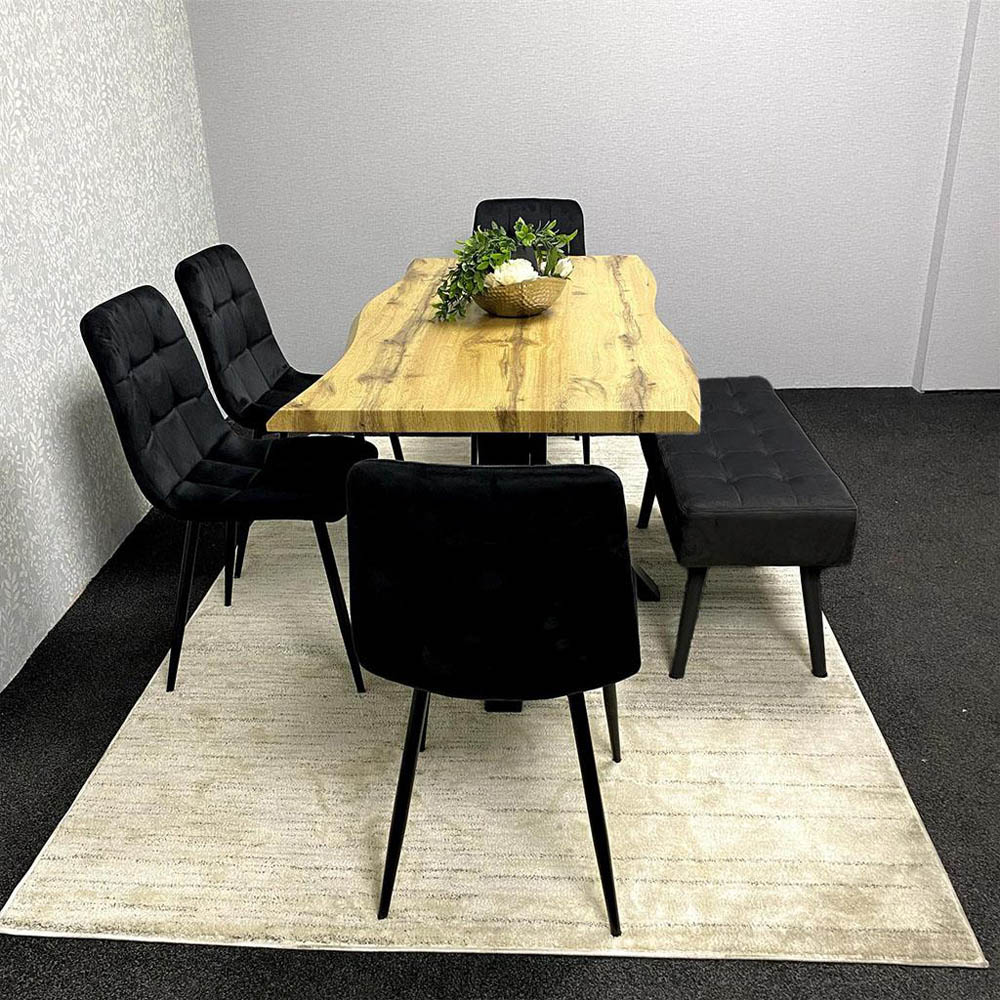 Portland 5 Seater Velvet Wooden Dining Set with Bench Brown and Black Image 7