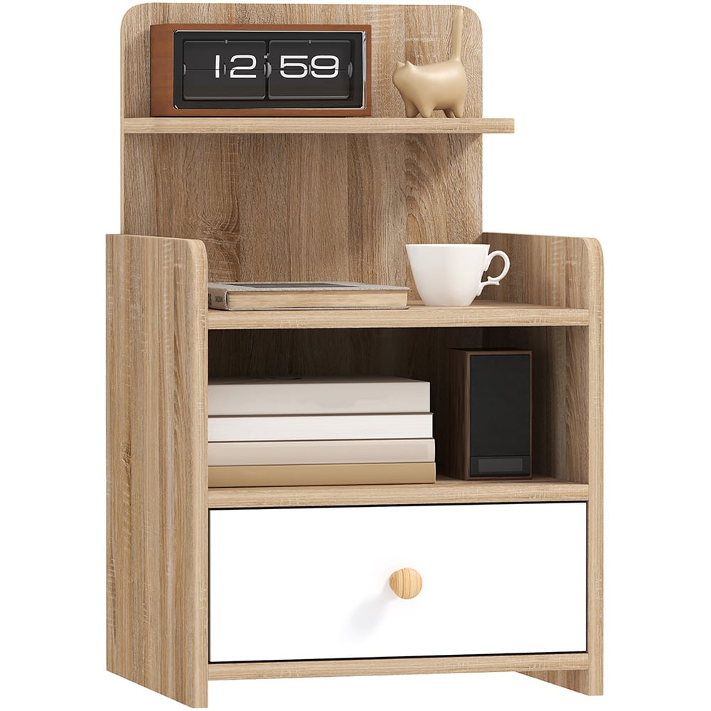 Portland Single Drawer 3 Shelf Natural Wood Effect Bedside Table Image 2