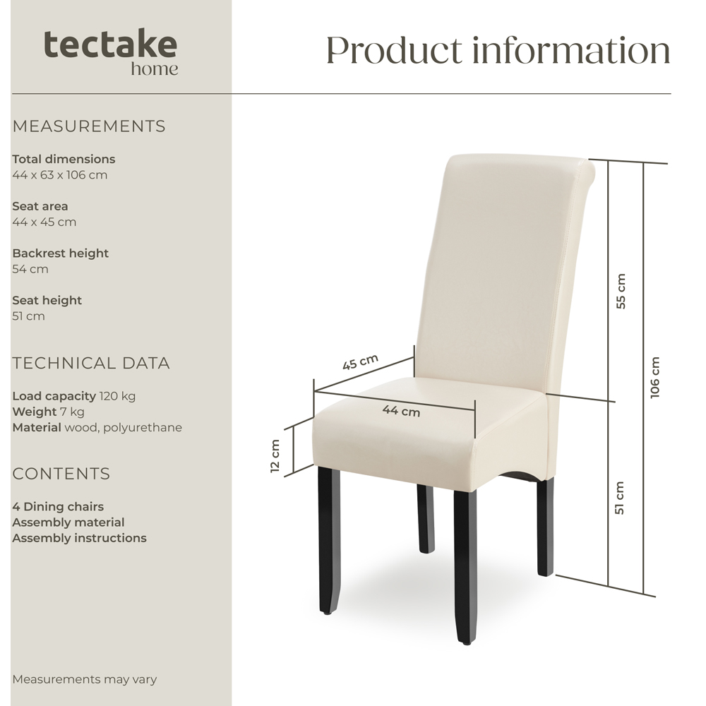 tectake Set of 4 Cream Faux Leather High Backrest Dining Chair Image 9