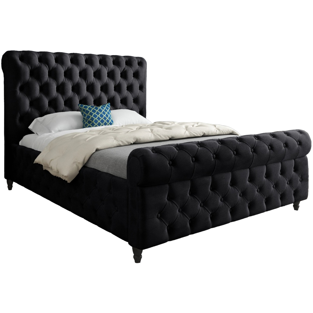 Savana Small Single Black Soft Velvet Upholstered Sleigh Bed Frame with Scrolled Headboard Image 2