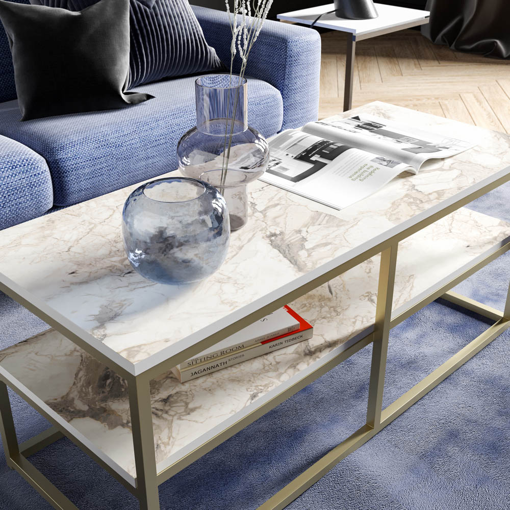 Decorotika Forteus Single Shelf White Marble Effect and Gold Coffee Table with Metal Legs Image 4