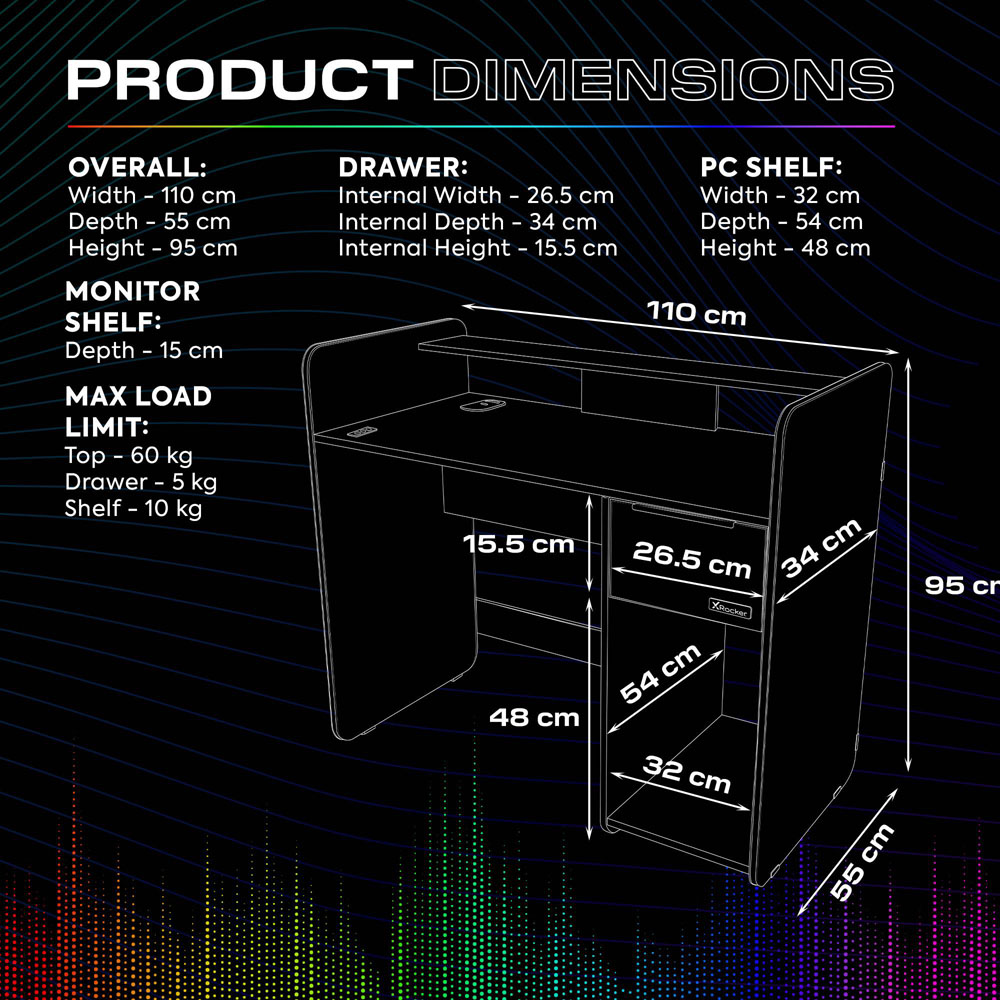 X Rocker Electra Single Drawer 2 Shelf RGB Gaming Desk with Wireless Charging White Image 9