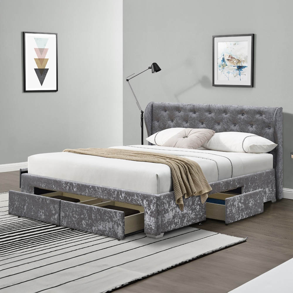 Brooklyn Double Silver Crushed Velvet Upholstered Bed Frame with Winged Headboard Image 1
