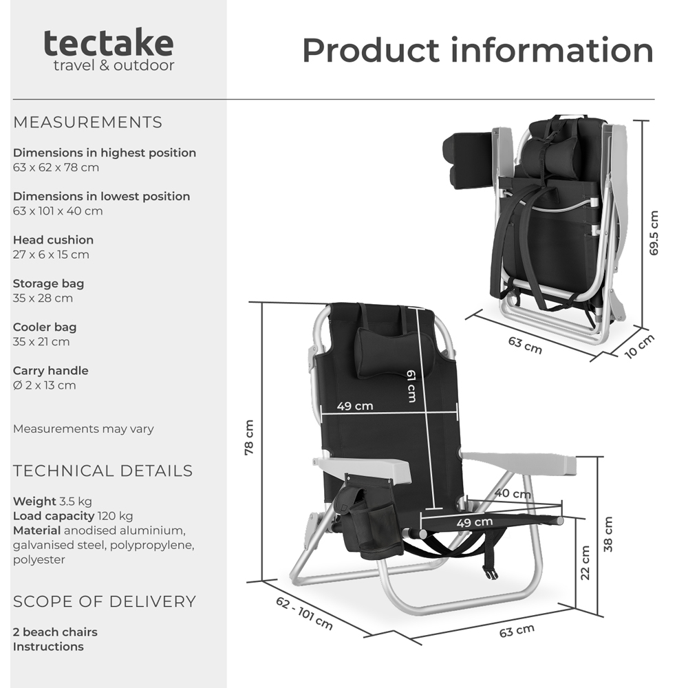 tectake Coral Set of 2 Black Foldable Beach Chair with Backpack Image 9