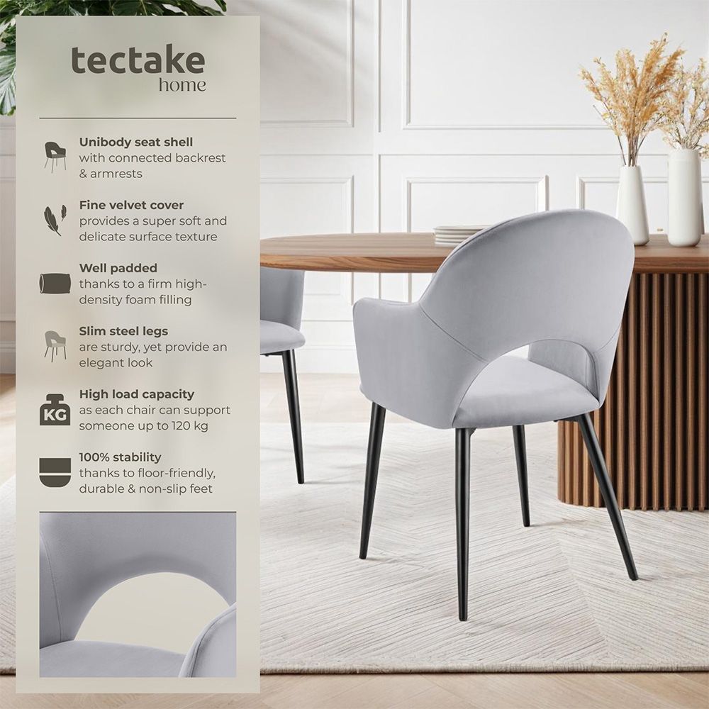 tectake Sasha Set of 2 Light Grey Velvet Dining Chair Image 6