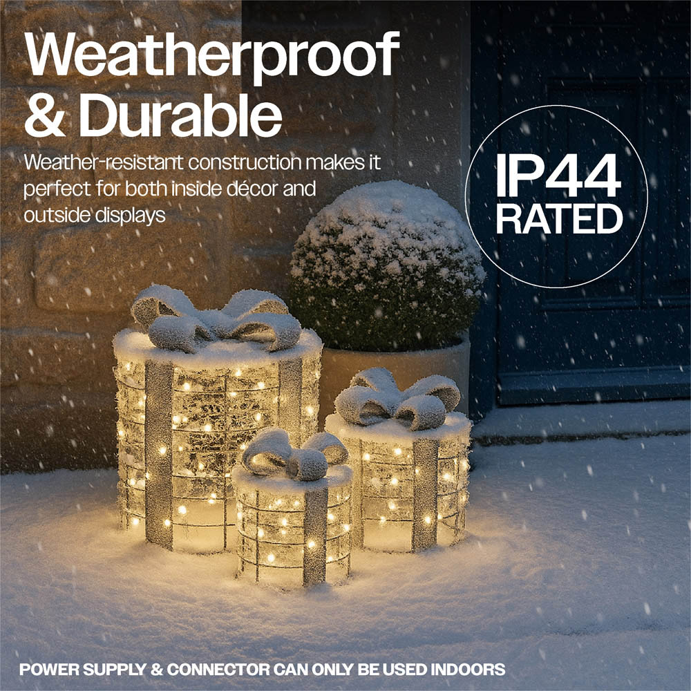 Xmas Haus Silver 100 Warm White LED Round Gift Box Christmas Decoration Set of 3 Image 4