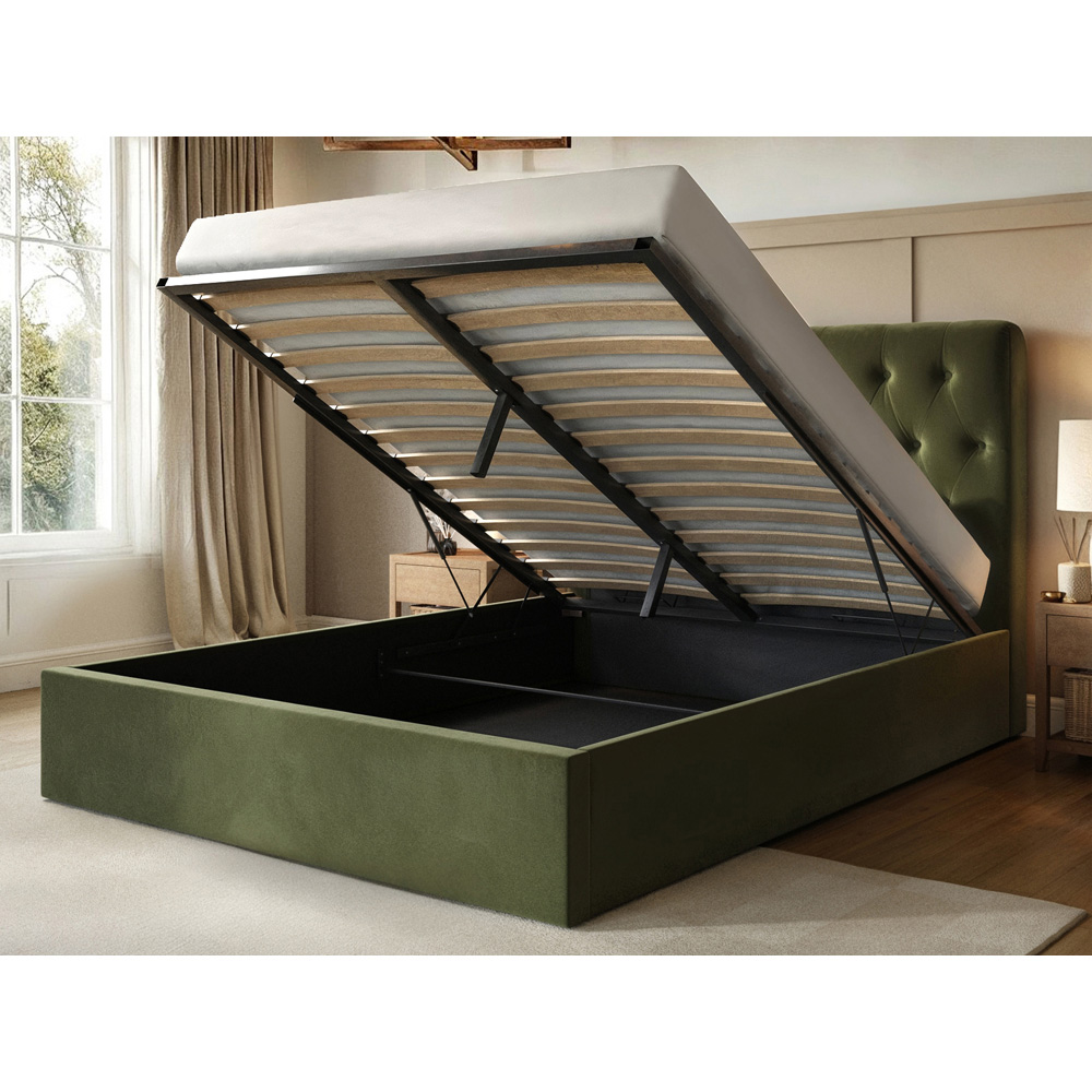 Flair Marley King Size Green Velvet Fabric Ottoman Bed with Buttoned Headboard Image 6