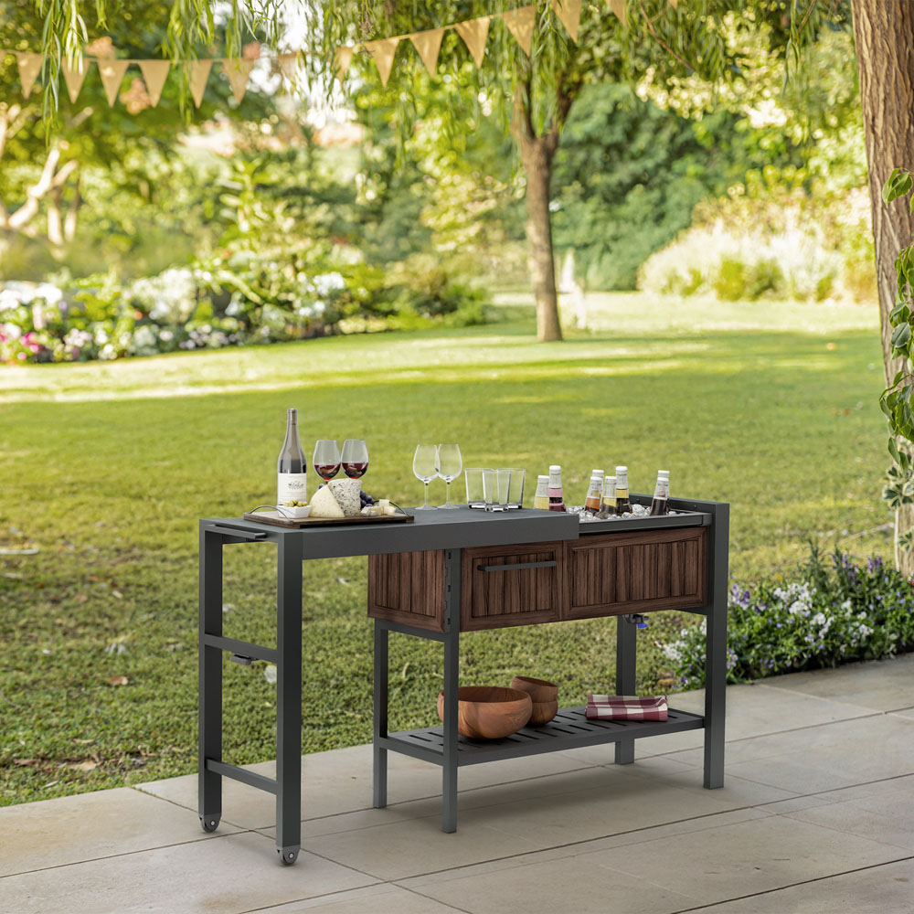 Keter Signature Single Drawer Single Shelf Rosewood Extendable Hosting Party Table Station Image 2