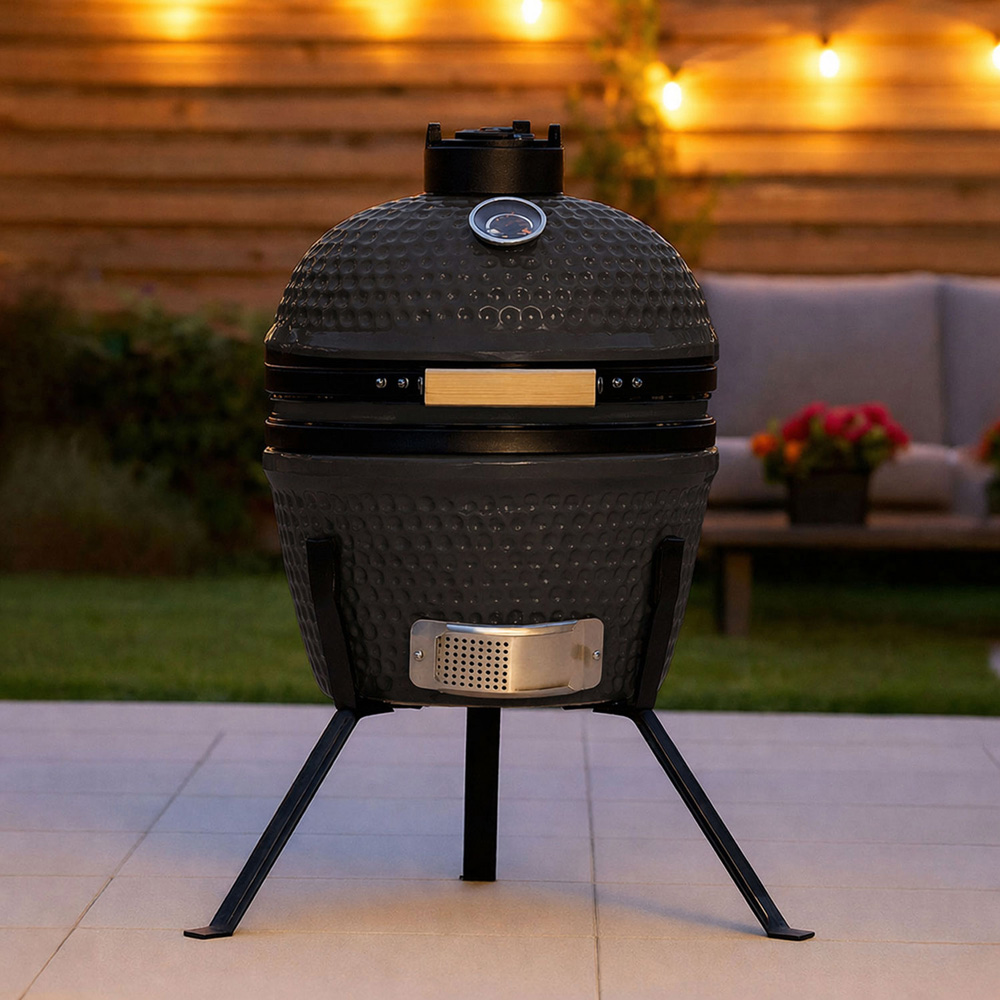 Neo Kamado Grey Portable Ceramic 13 inch Mini BBQ Grill Smoker with Stand Image 3