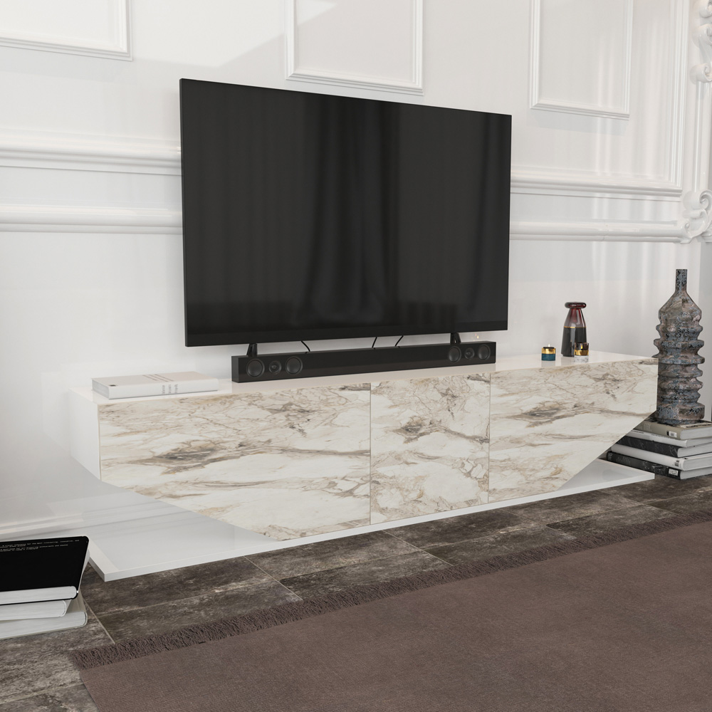 Decorotika Pearl 3 Door 2 Shelf White and White Marble Effect Modern TV Unit Image 7