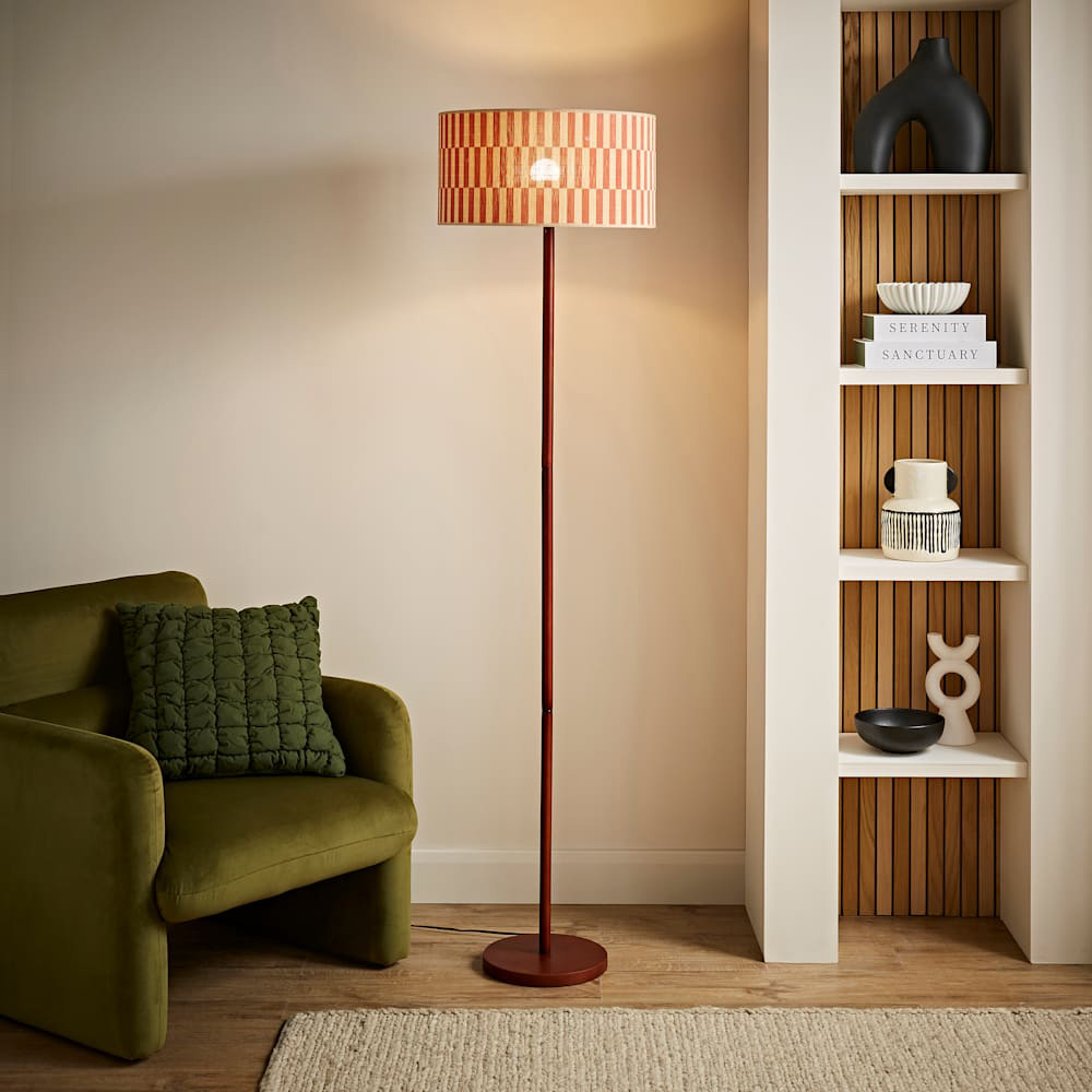 ValueLights Heather Orange Checkerboard Bamboo Shade Dark Wood LED Floor Lamp with Bulb Image 3