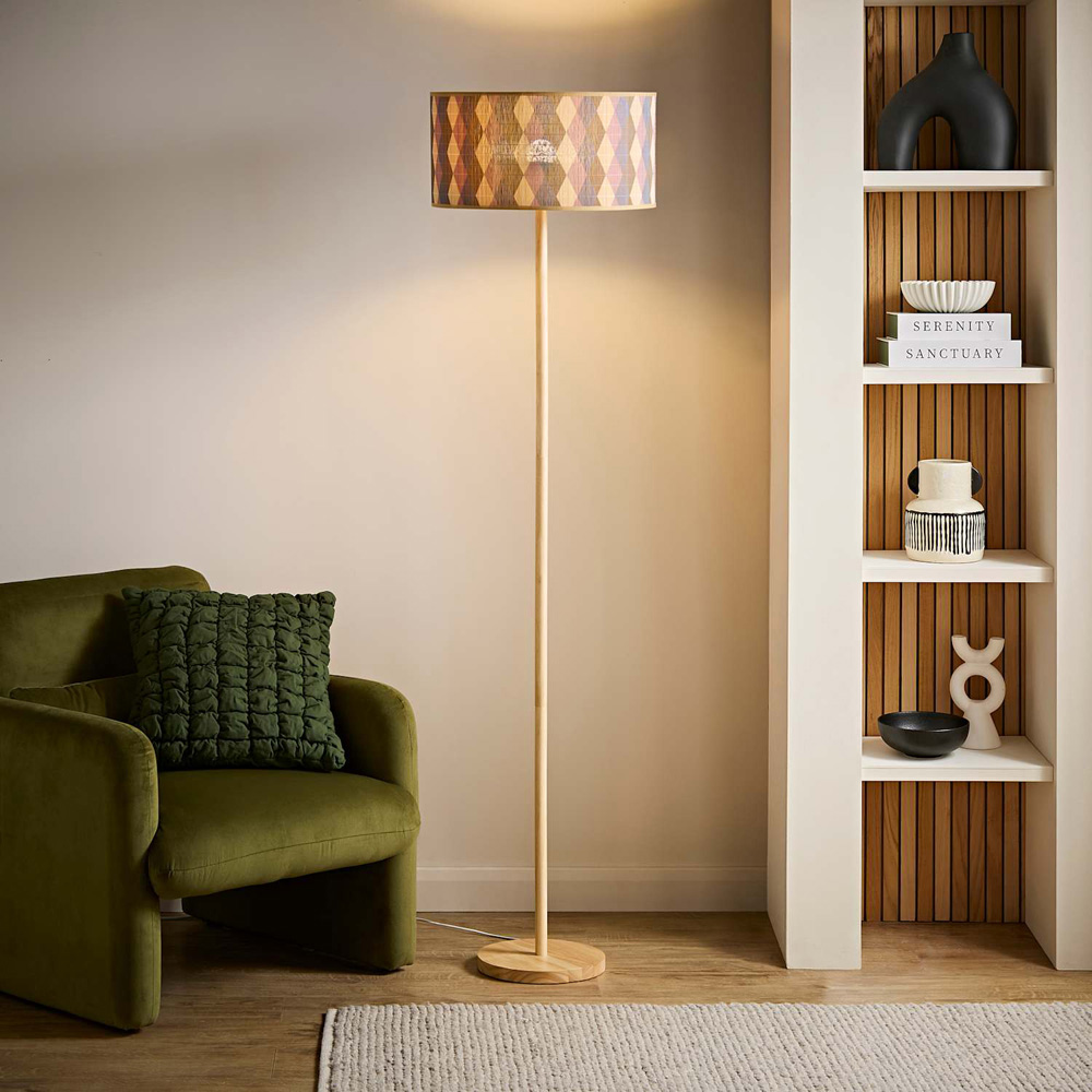 ValueLights Heather Diamond Print Bamboo Drum Shade Light Wood Stem Floor Lamp with Bulb Image 6
