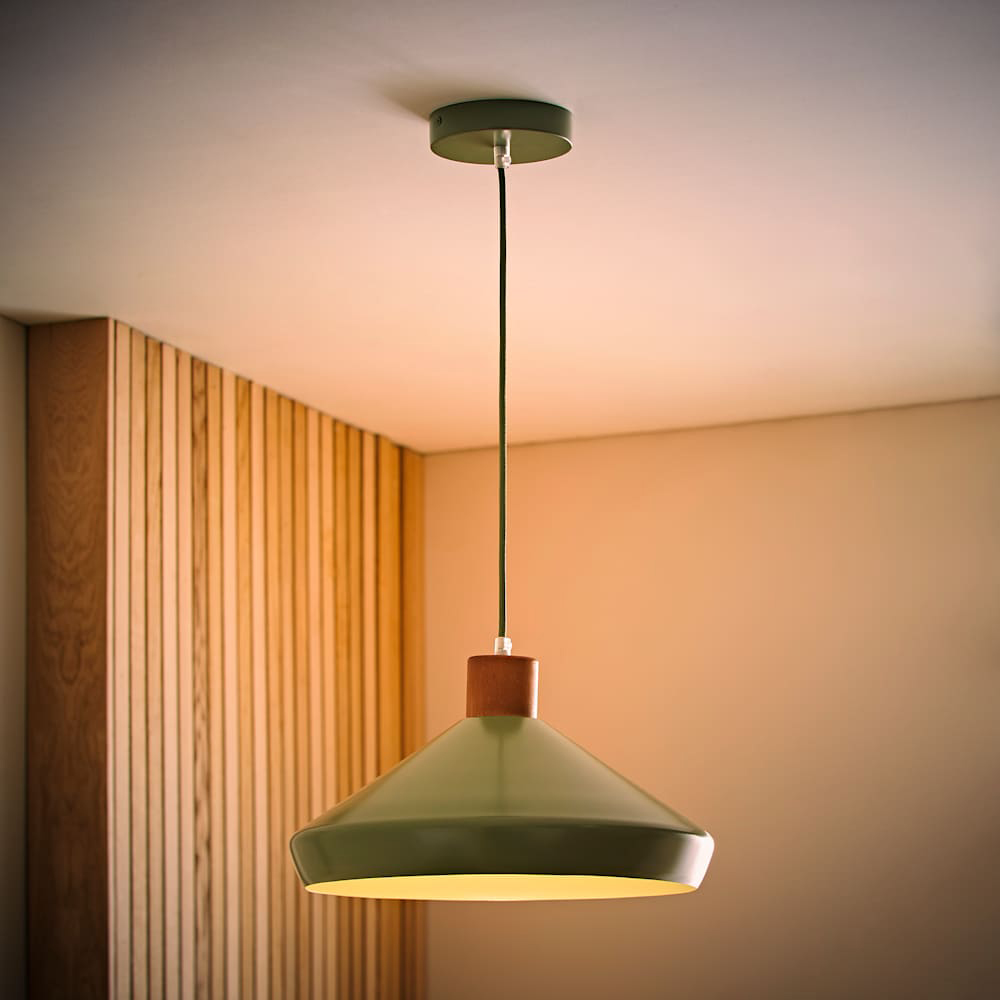 ValueLights Parker Green and Walnut Pendant Light and Bulb Image 2