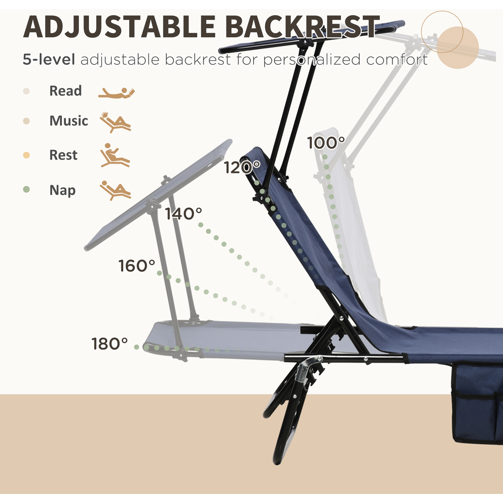 Outsunny Set of 2 Dark Blue Adjustable Folding Sun Lounger with Sunshade Roof Image 4