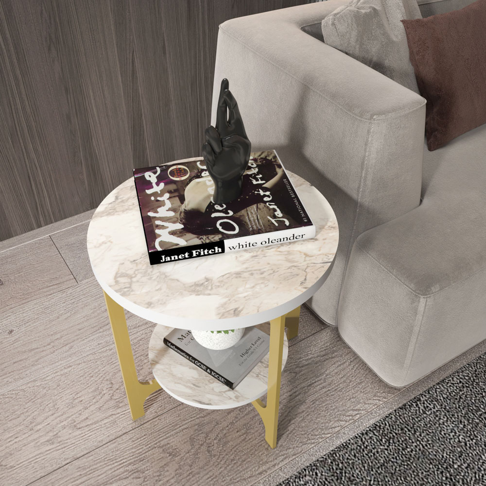 Decorotika Versy White Marble Effect and Gold Round End Table Image 4