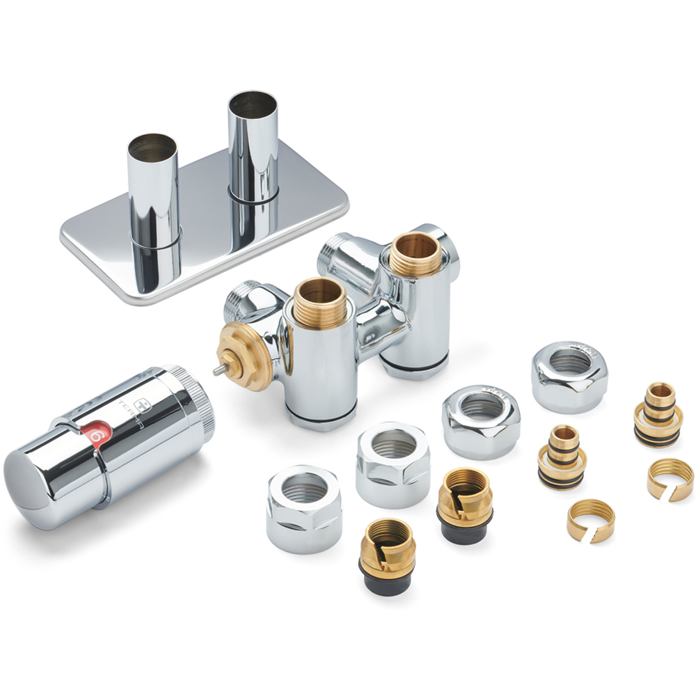 Terma Integra Duo Chrome Left Sided Angled Thermostatic Radiator Valve Set with T Piece 50mm Image 2