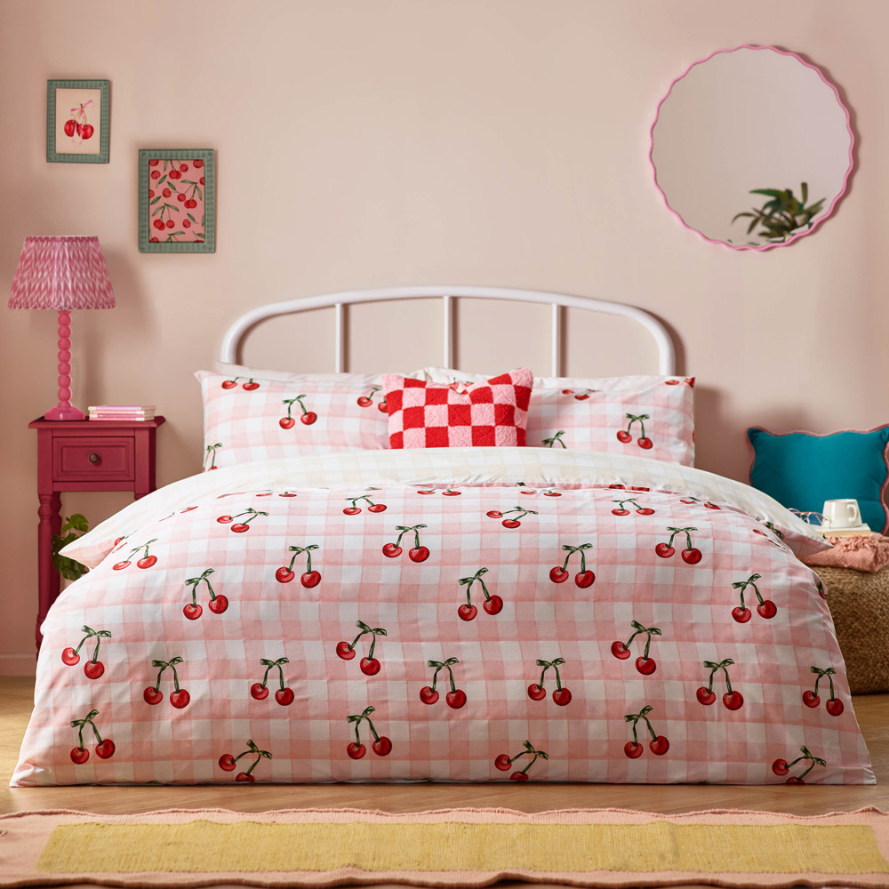 Heya Home Double Pink Cherry Gingham Printed Duvet Set Image 4