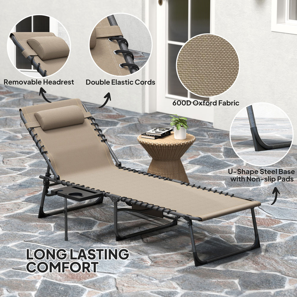 Outsunny Beige 5 Level Adjustable Folding Sun Lounger with Side Table Image 8