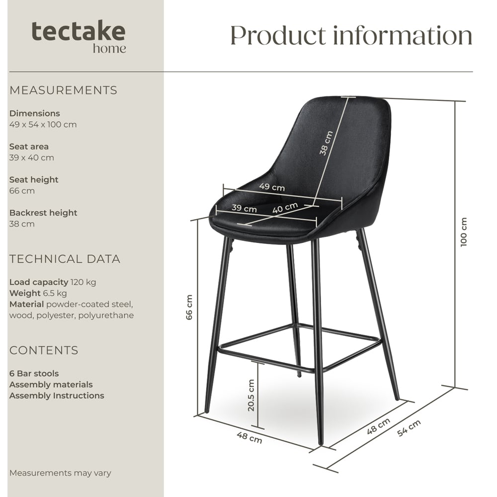 tectake Siera Black Velvet Look Bar Stool Set of 6 Image 8