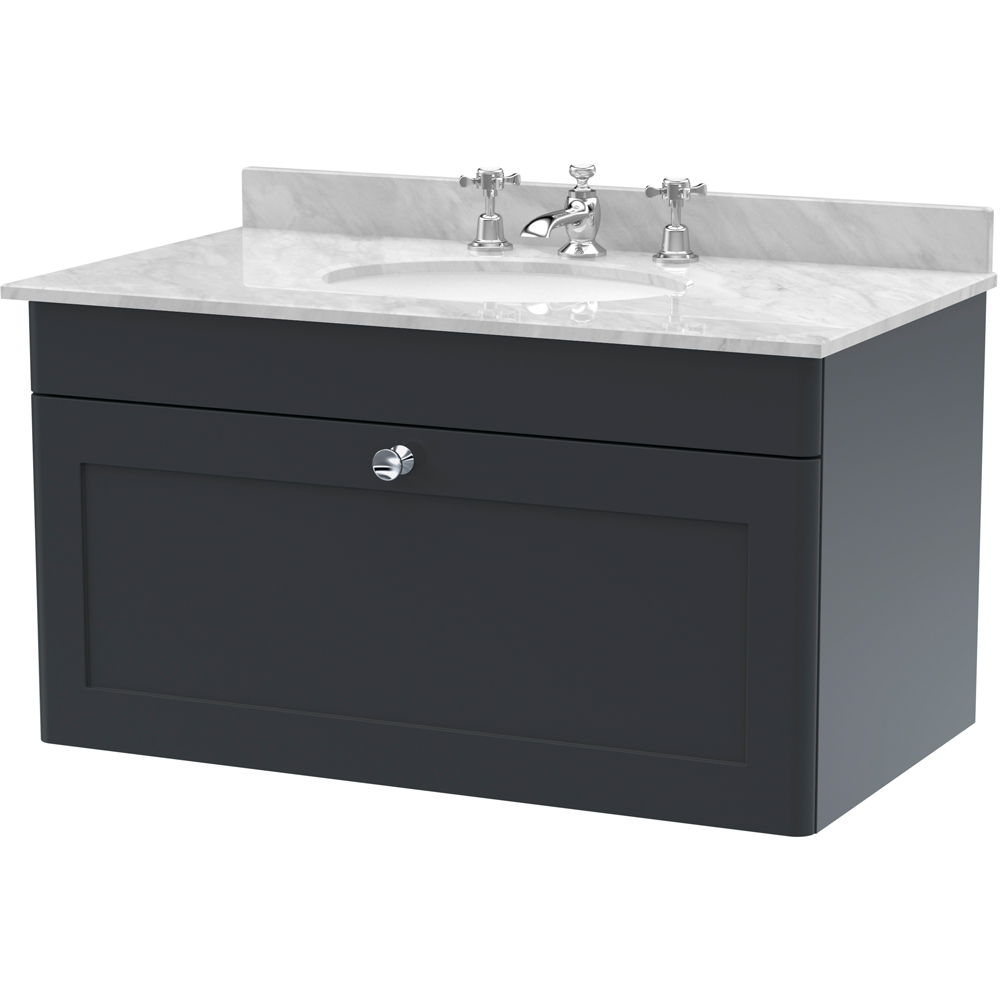 nuie Classique Single Drawer Soft Black and Grey Wall Hung Unit and 3 Tap Hole Marble Basin 800mm Image 1