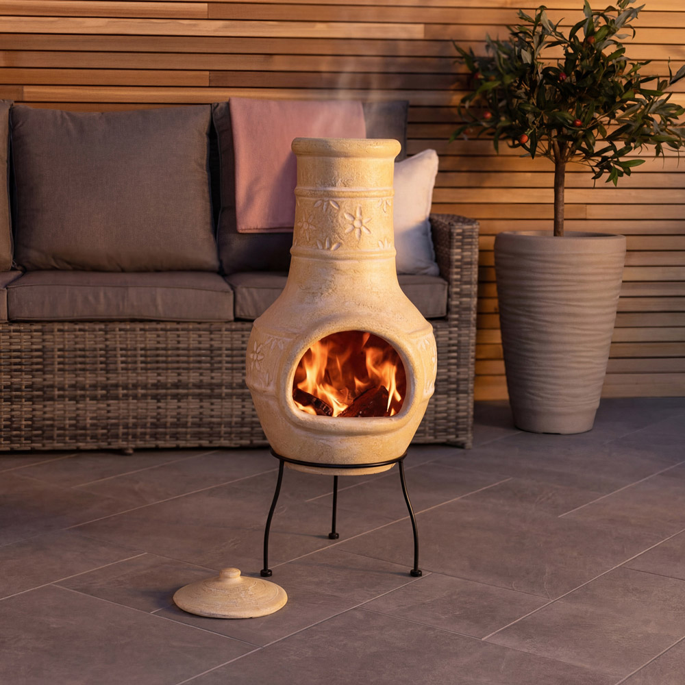 Snug Valencia Natural 3D Flower Design Clay Chiminea with Lid and Steel Stand Image 2