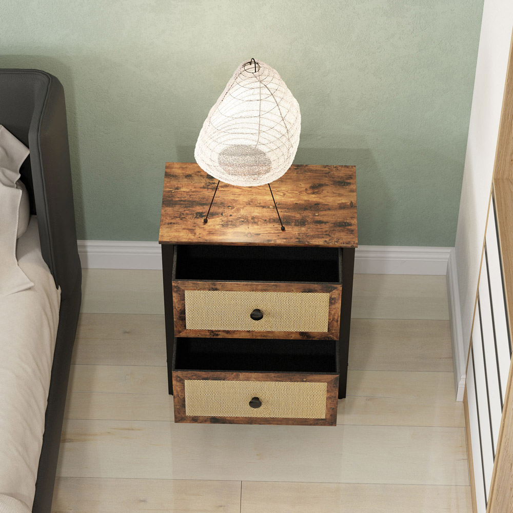 Portland 2 Drawer Rustic Brown Rattan Bedside Table Image 5