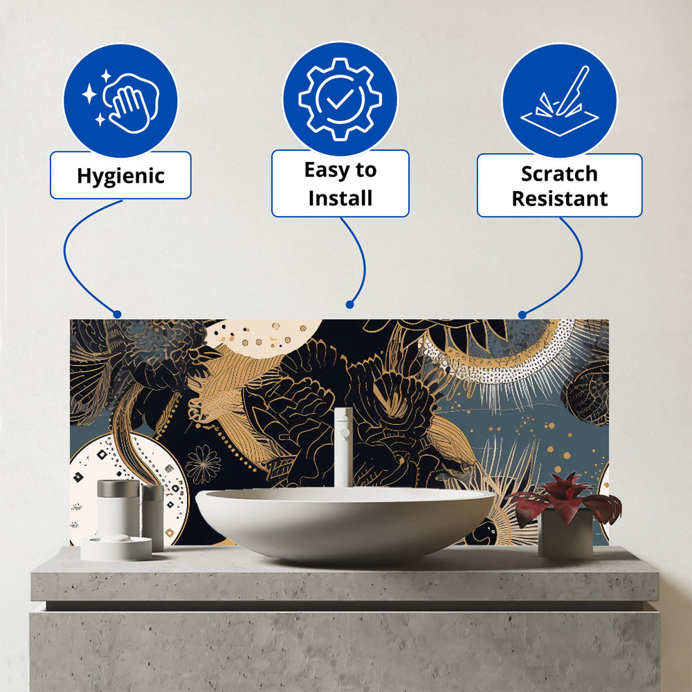 Warren Reed Designer Abstract Blue Gold Moon Sun Glass Bathroom Splashback 25 x 60cm Image 3