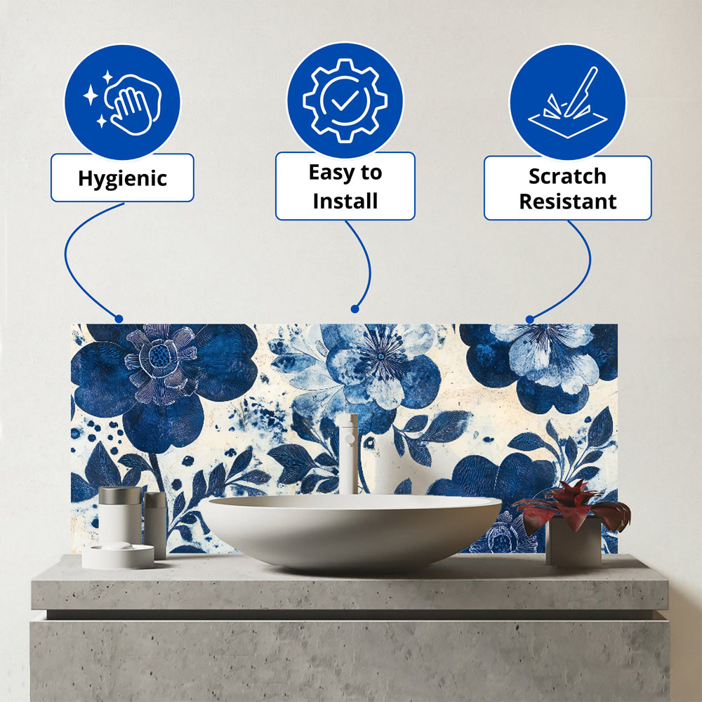 Warren Reed Designer Blue Floral Painting Bathroom Splashback 25 x 60cm Image 3