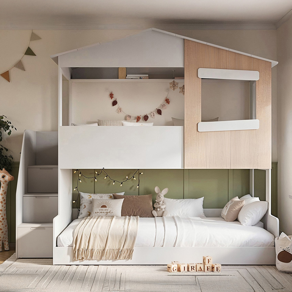 Flair Dreamland White and Oak Play House Triple Bunk Bed with Staircase Image 1