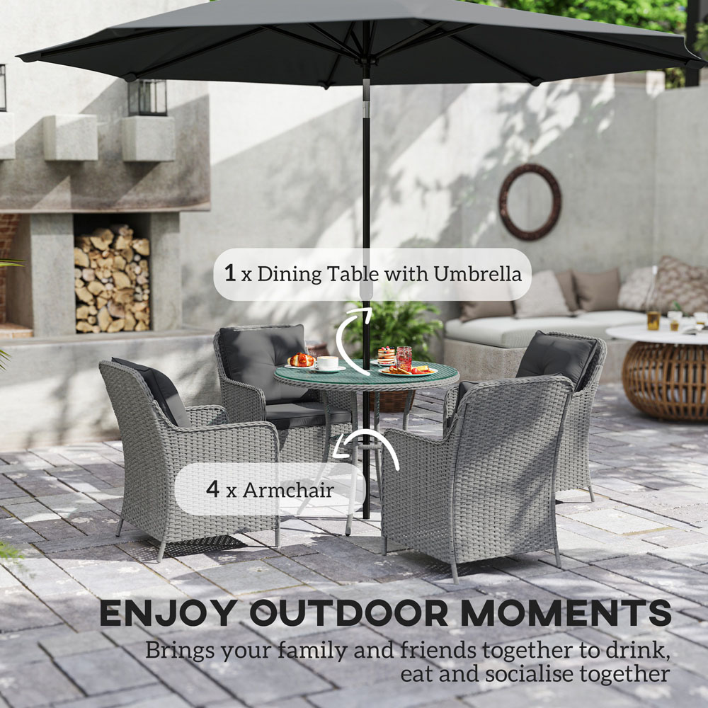 Outsunny 4 Seater Light Grey Rattan Garden Dining Set with Parasol and Cushions Image 8