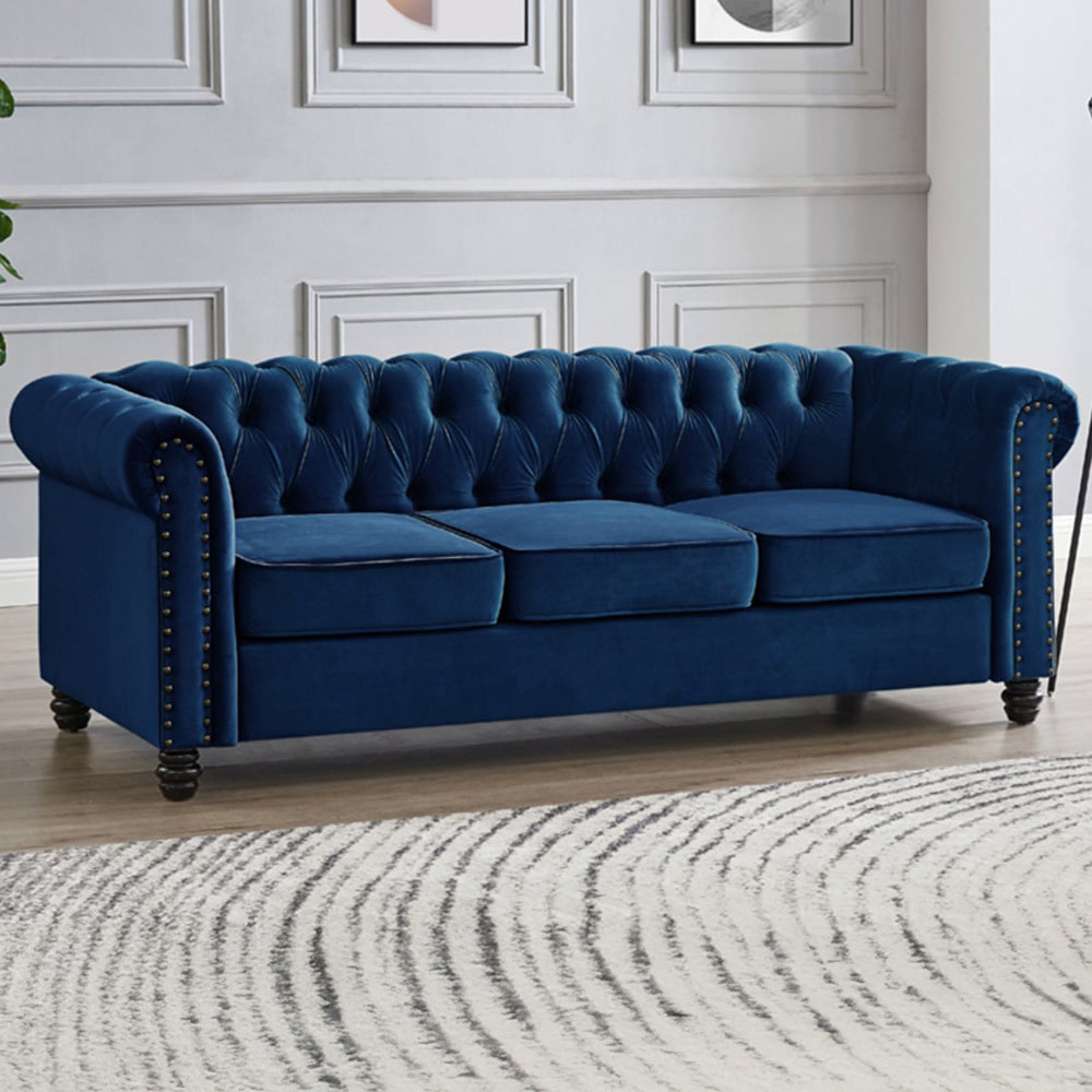 Home Detail Chesterfield 3 Seater Studded Blue Velvet Sofa Image 1