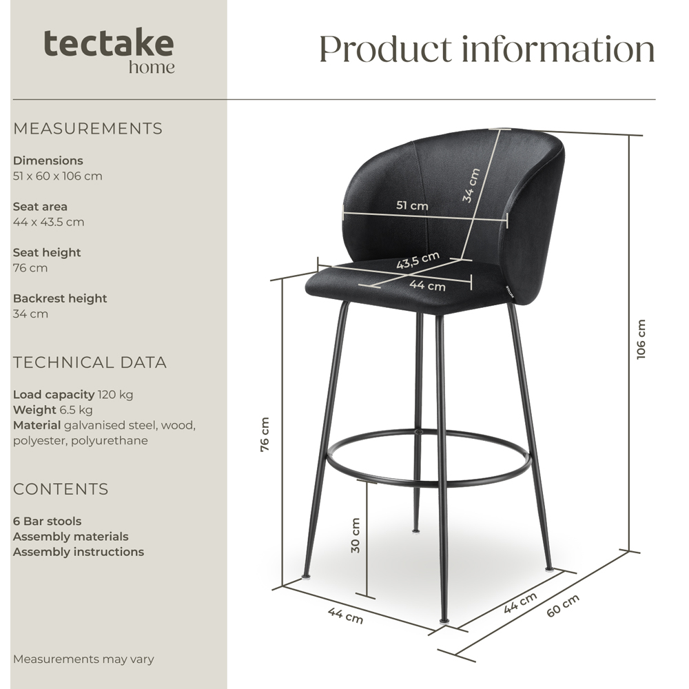 tectake Luana Black Velvet Look Padded Bar Stool Set of 6 Image 8