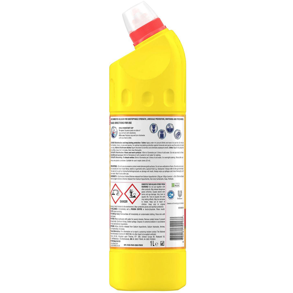 Domestos Citrus Fresh Thick Bleach Powerful Toilet and Bathroom Cleaner 1L 12 Pack Image 3