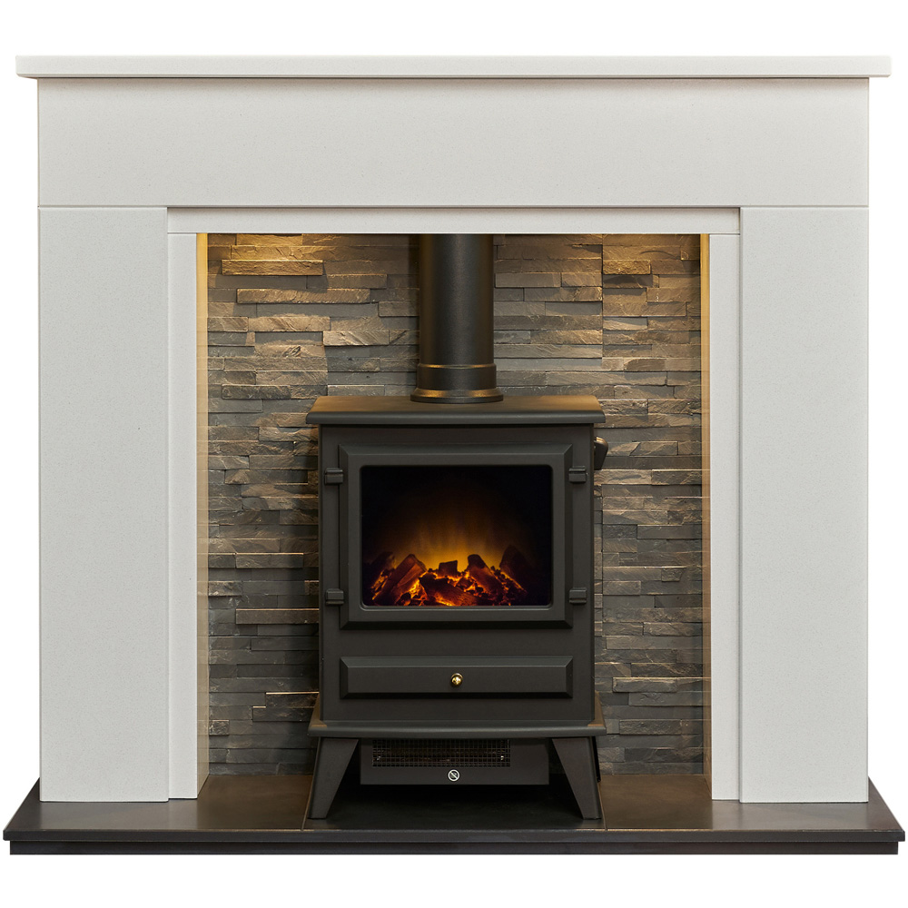 Acantha Rimini White Marble and Black Fireplace with Downlights and Hudson Electric Stove 48 inch Image 4