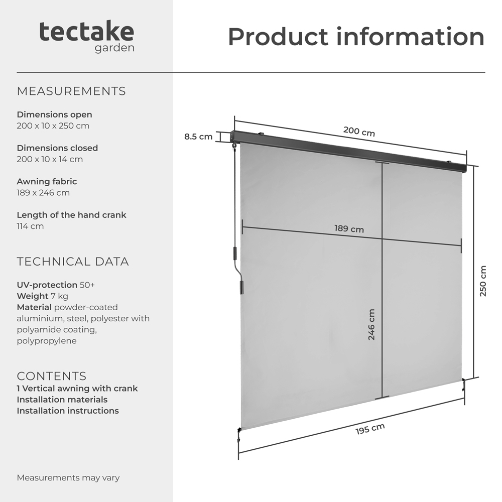tectake Eloise Light Grey Vertical Awning with 2 Wall Brackets 2 x 2.5m Image 8