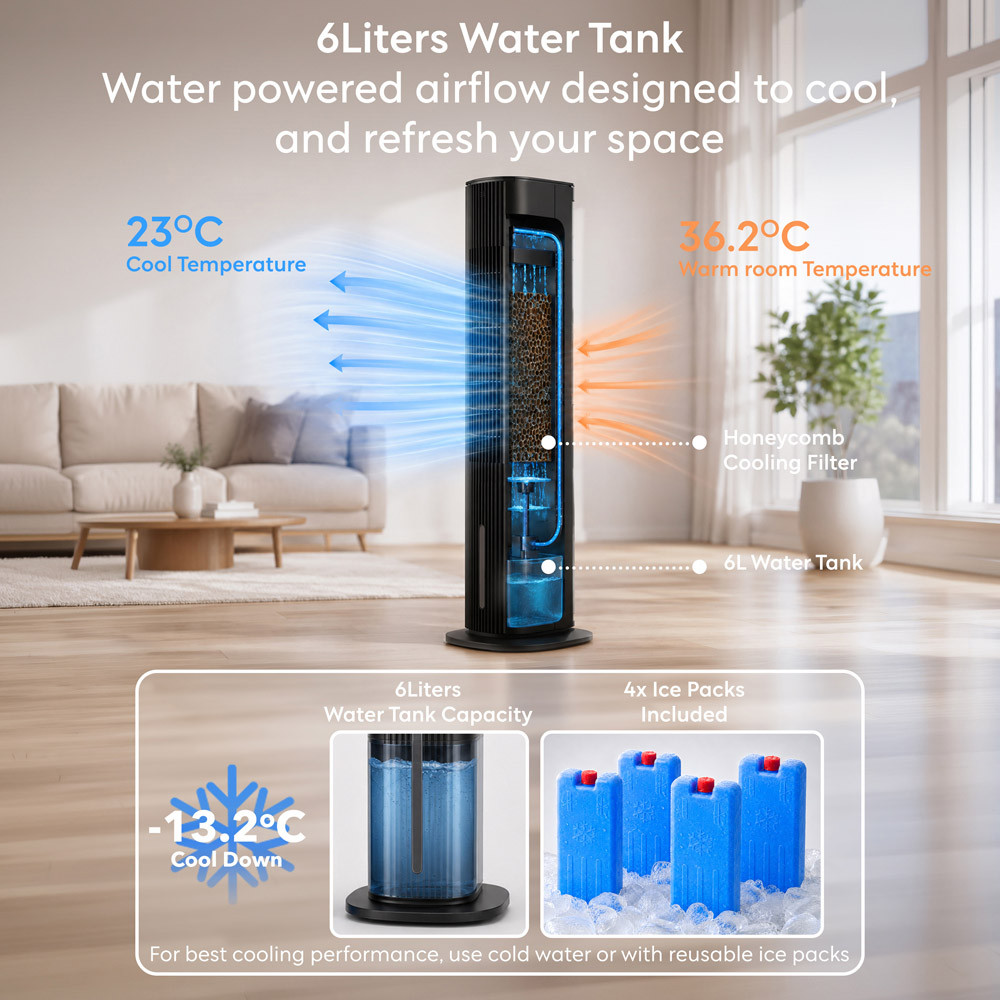 Air Pro Black Touch Control Portable Tower Air Cooler with Remote and Ice Packs 6L Image 4