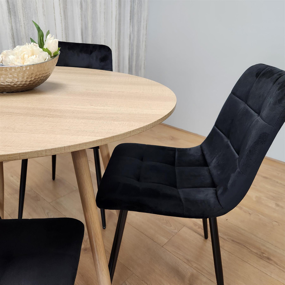 Portland 4 Seater Velvet Round Dining Set Wood Effect and Black Image 4