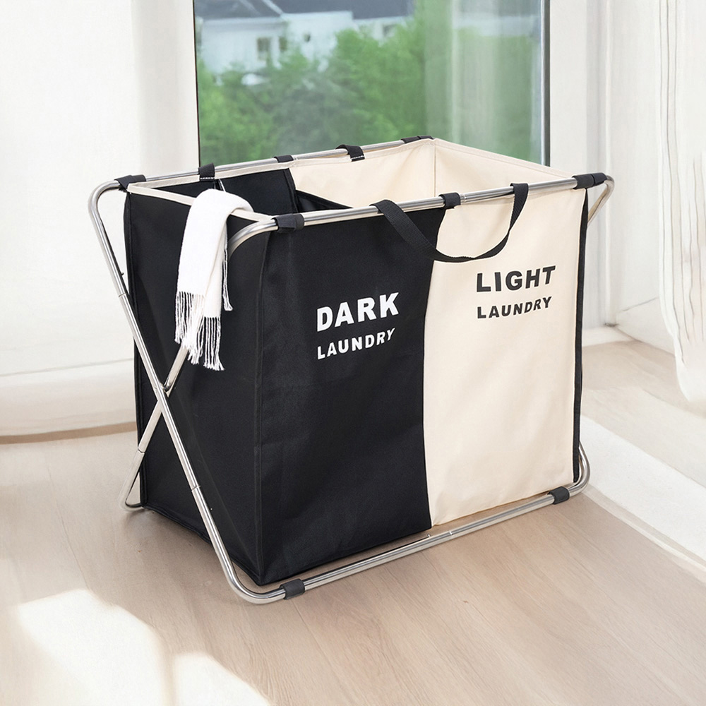 Living and Home 2 Section Black and Beige Foldable Laundry Basket 72 x 40cm Image 2