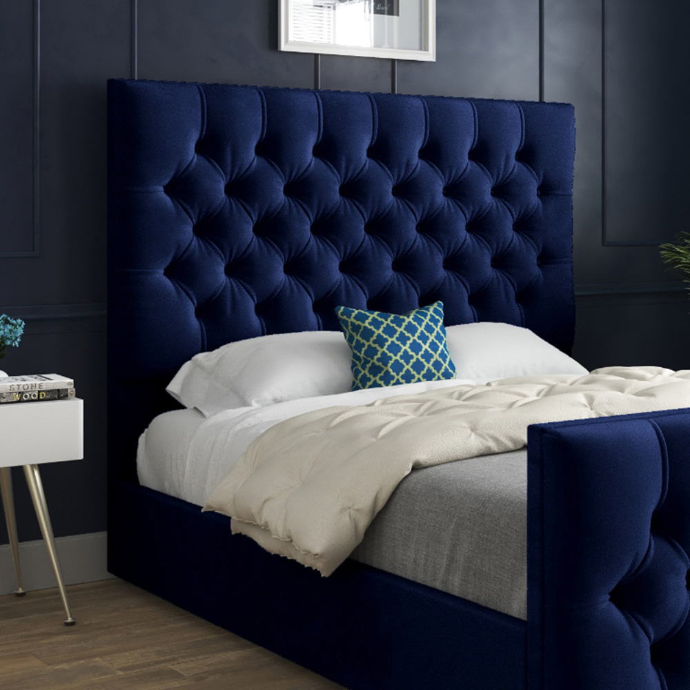 Novara Blue Single Velvet Upholstered Bed Frame with Pleated Chesterfield Headboard Image 3