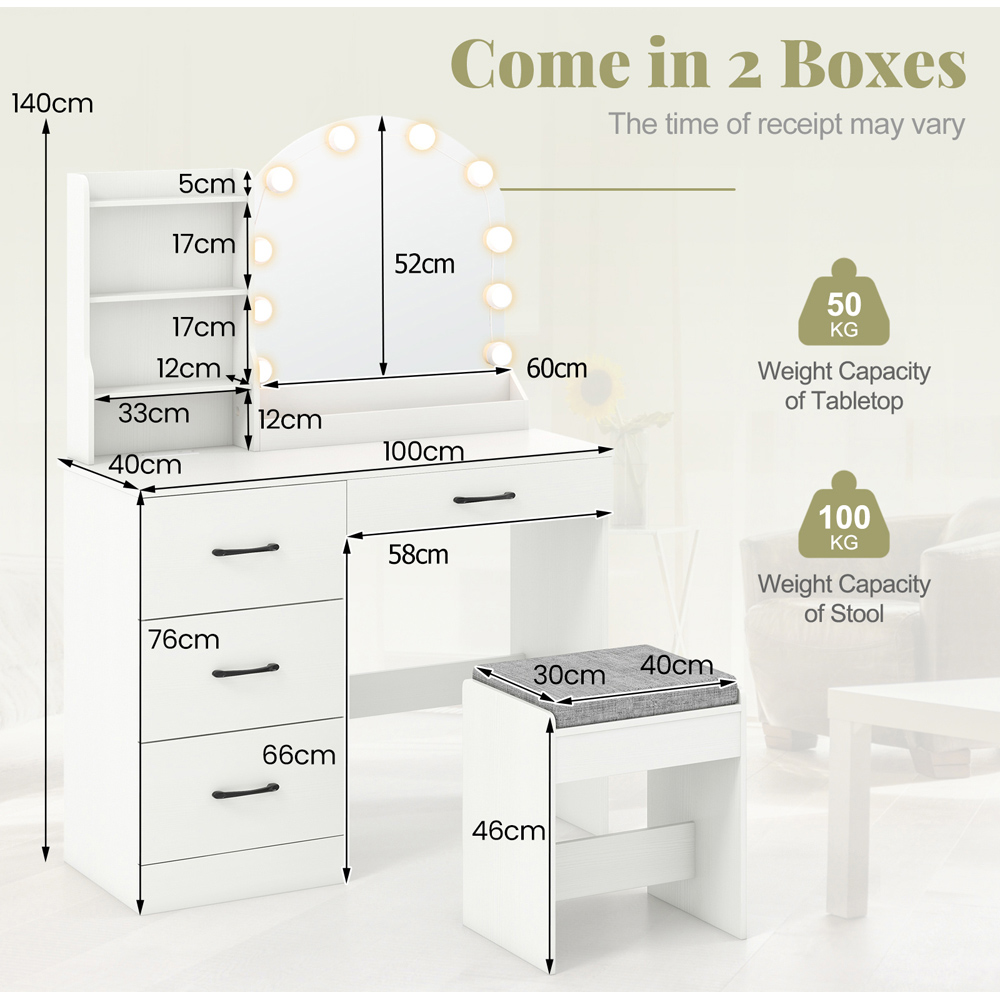 Costway White Dressing Table and Stool Set with LED Mirror Image 9