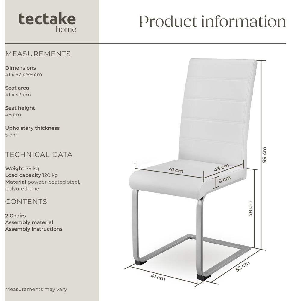 tectake Set of 2 White Cantilever High Backrest Dining Chair Image 9