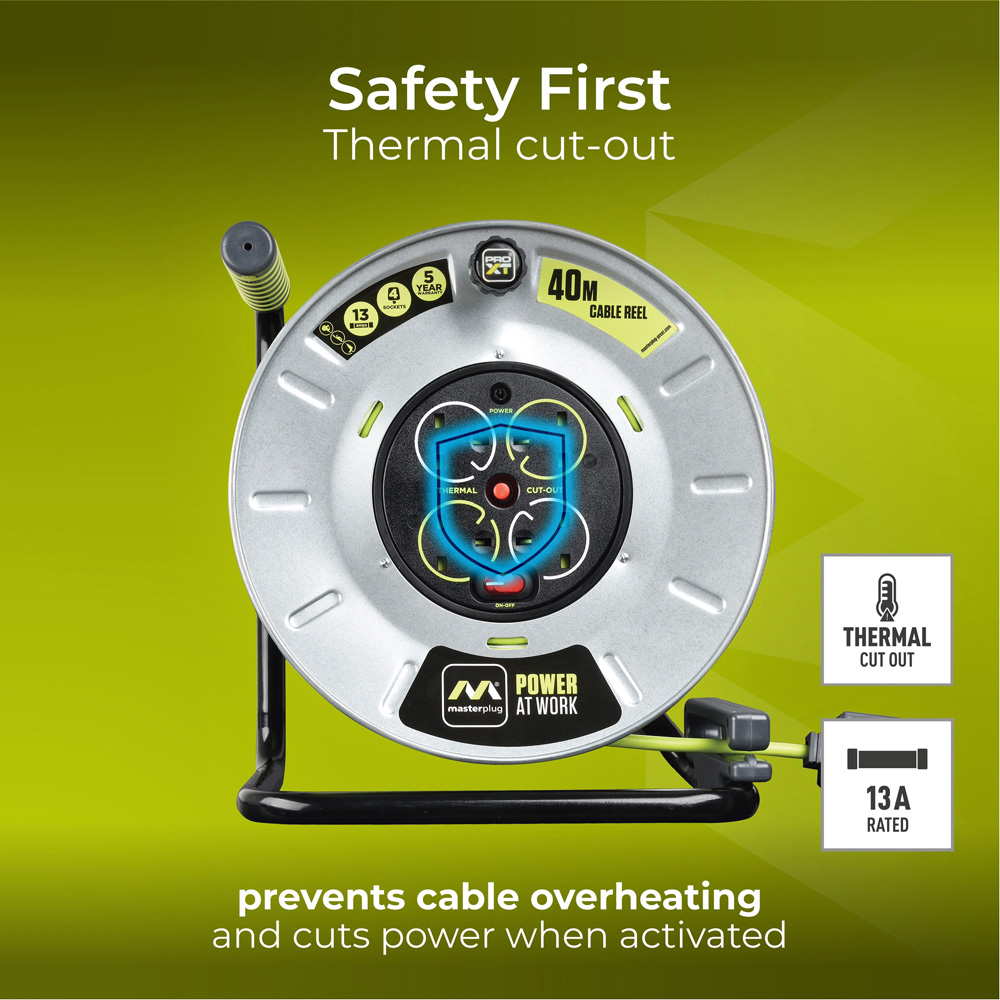 Masterplug 13A 4 Socket Large Metal Open Cable Reel 40m Image 5