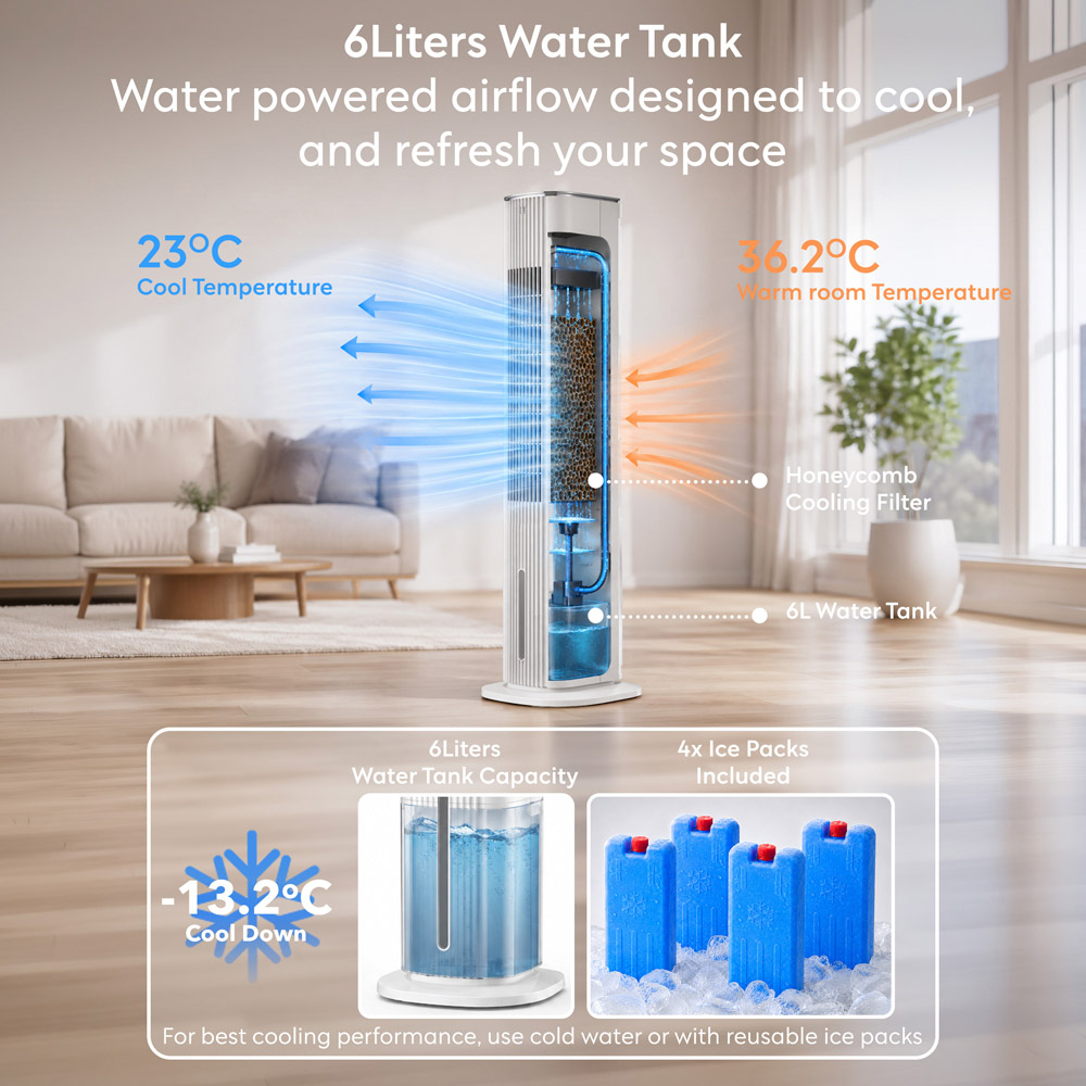 Air Pro White Touch Control Portable Tower Air Cooler with Remote 6L Image 4