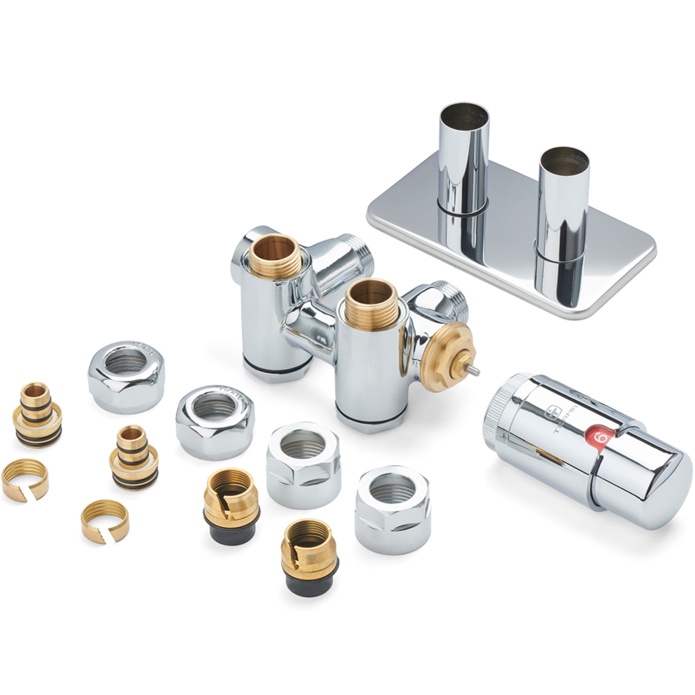 Terma Integra Duo Chrome Right Sided Angled Thermostatic Radiator Valve Set with T Piece 50mm Image 2