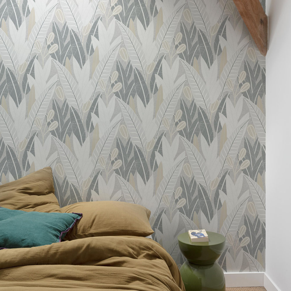Grandeco Savannah Modern Foliage Blown Vinyl Grey Wallpaper Image 3