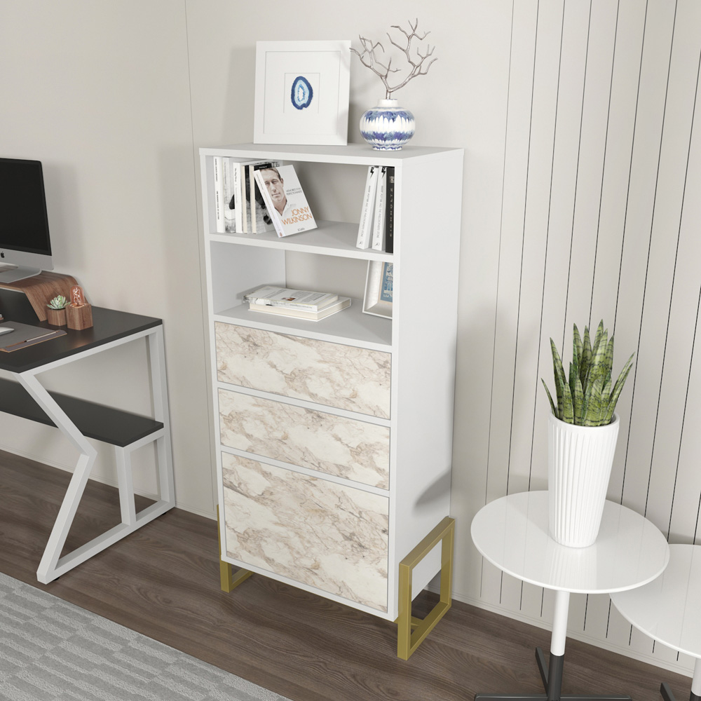 Decorotika Utopie 3 Door 2 Shelf White and White Marble Effect Modern Bookshelf Image 4