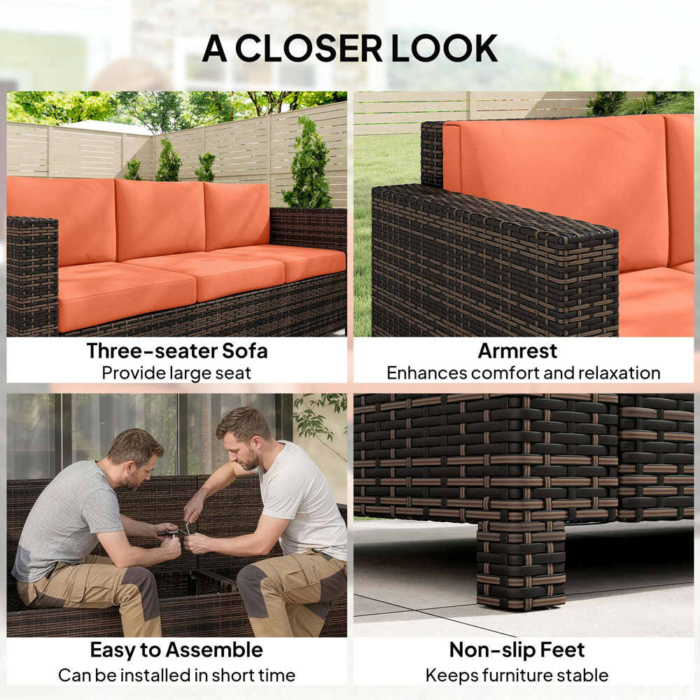 Outsunny 3 Seater Orange PE Rattan Garden Sofa Image 5