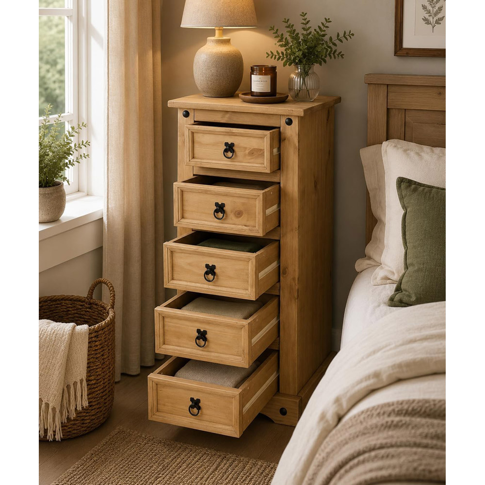 Mews Corona Waxed Pine 5 Drawer Narrow Chest of Drawers Image 4